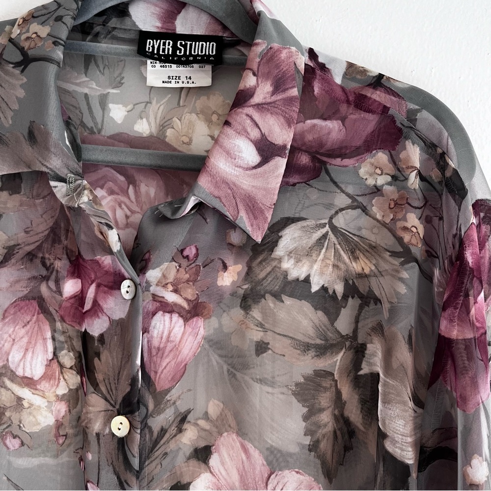 Vintage Byer Studio Sheer Floral Button Up Women’s 14 Cottage Core Green - Picture 6 of 10